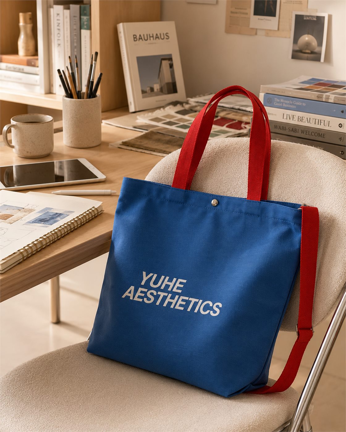 Canvas tote sample showing screen print and added construction details