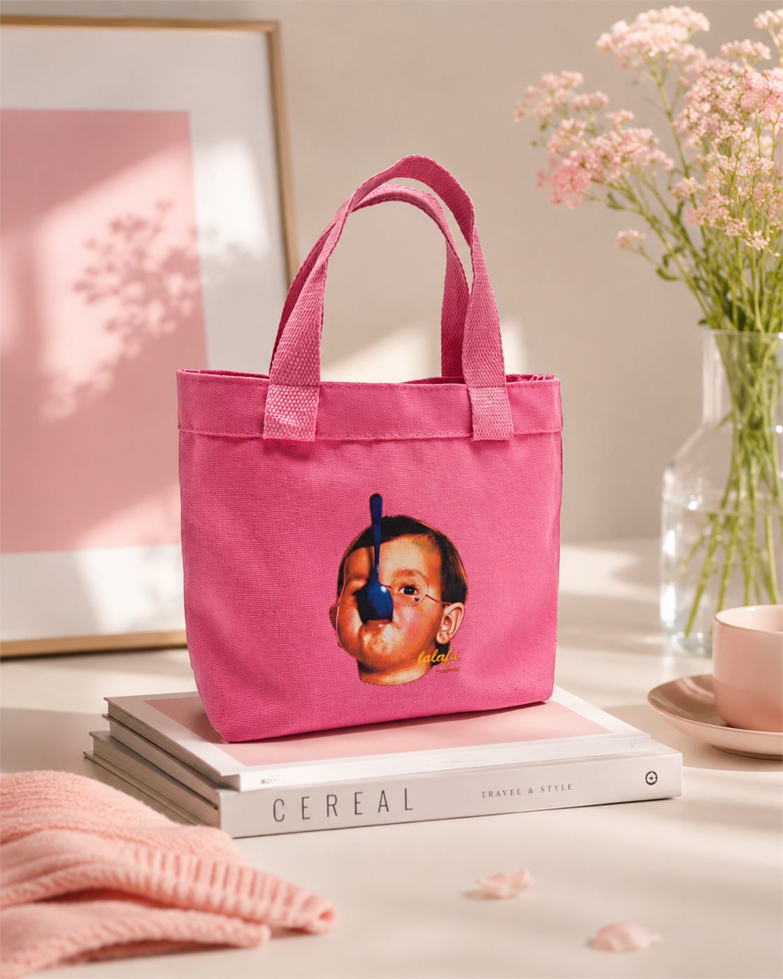 Colored canvas tote with heat-transfer artwork and outward-folded handles