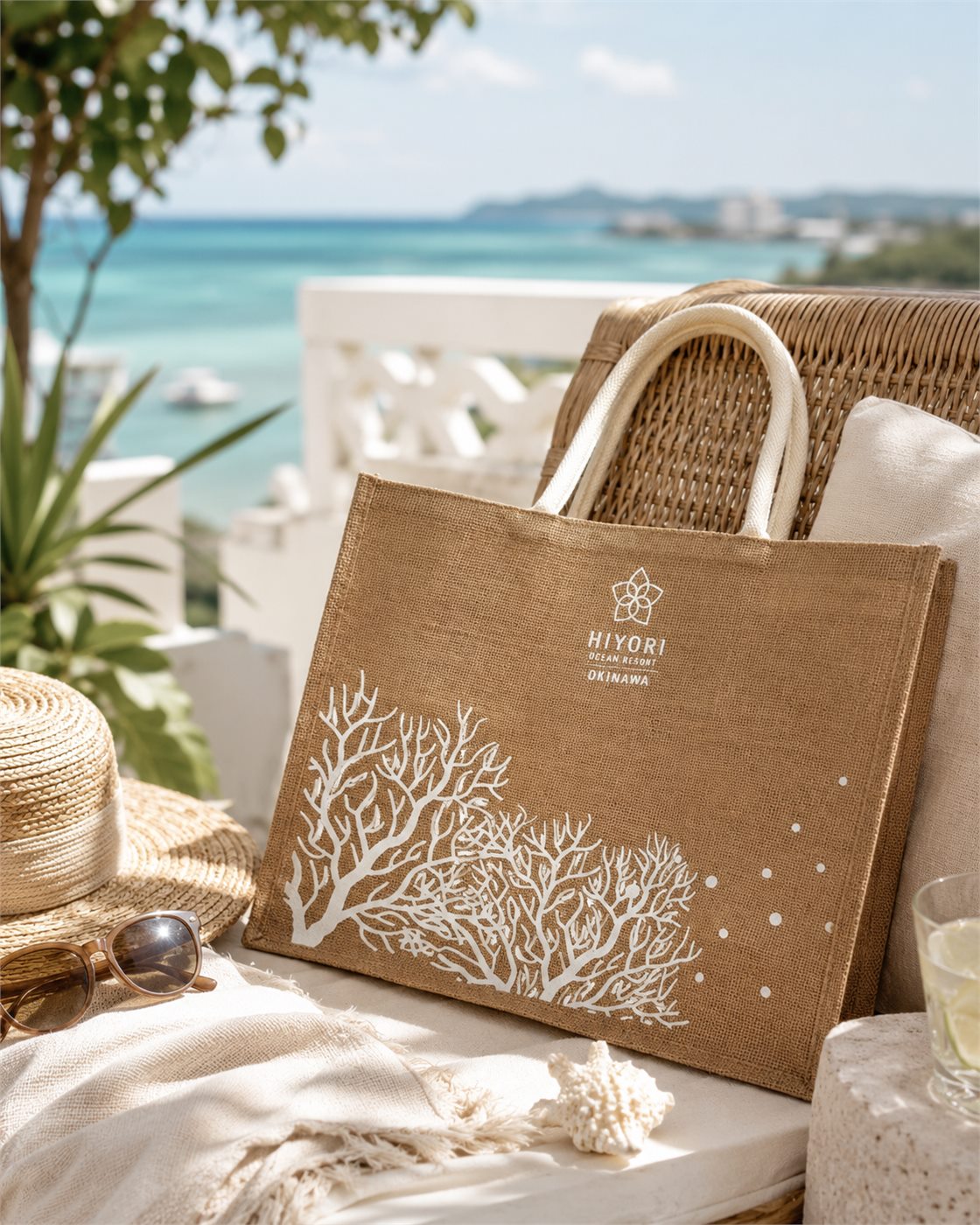 Natural jute tote with white screen-printed artwork