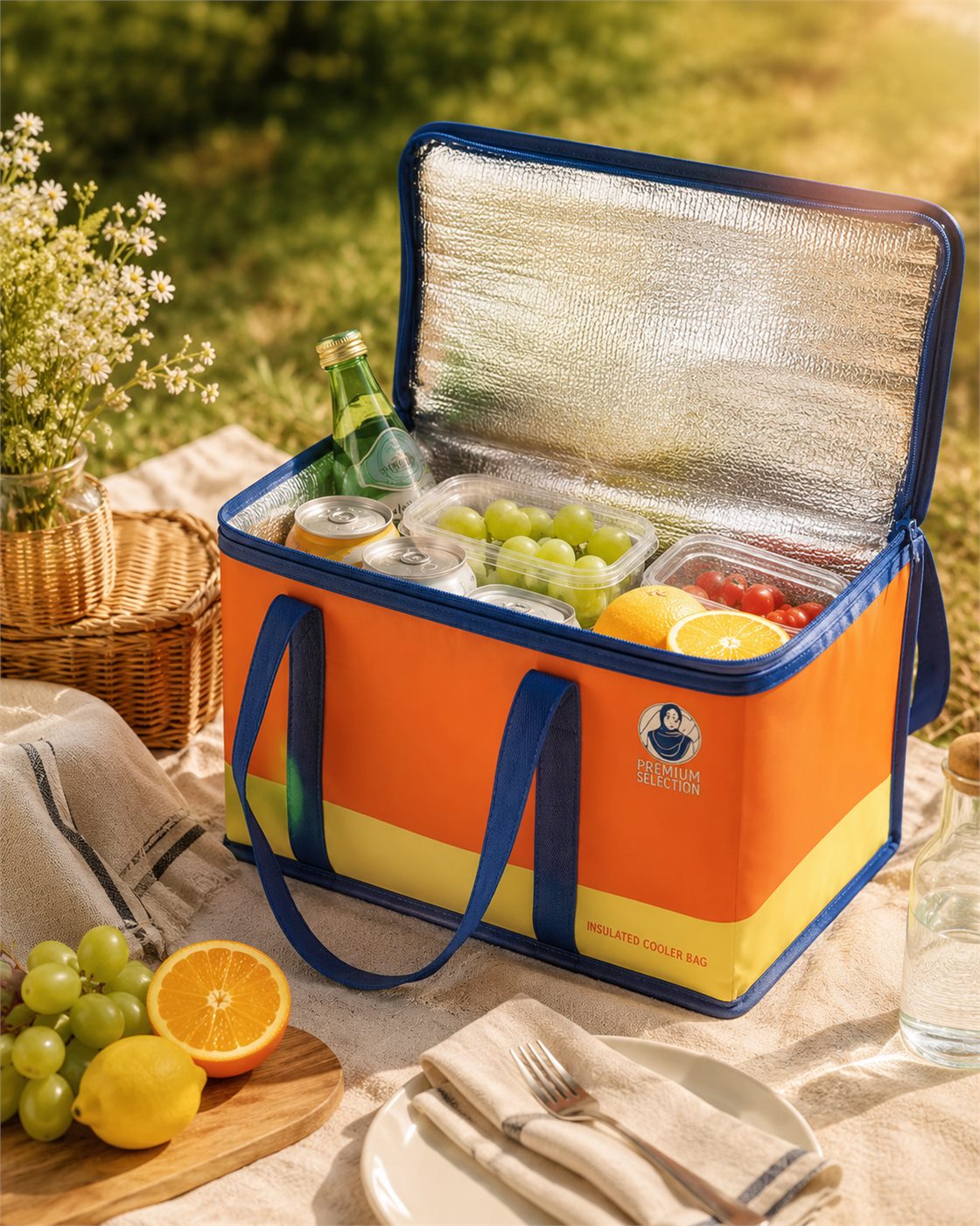 Laminated non-woven insulated cooler bag with zipper closure