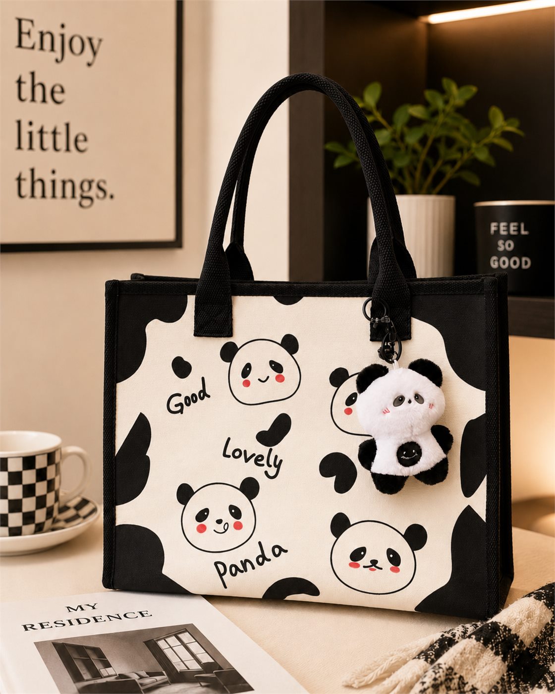 Structured tote with top binding and decorative attachments