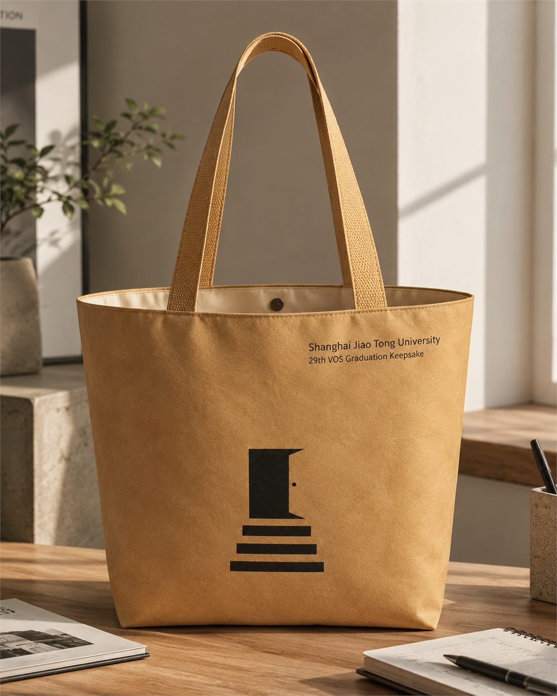 Tyvek paper-style tote with a snap-button closure