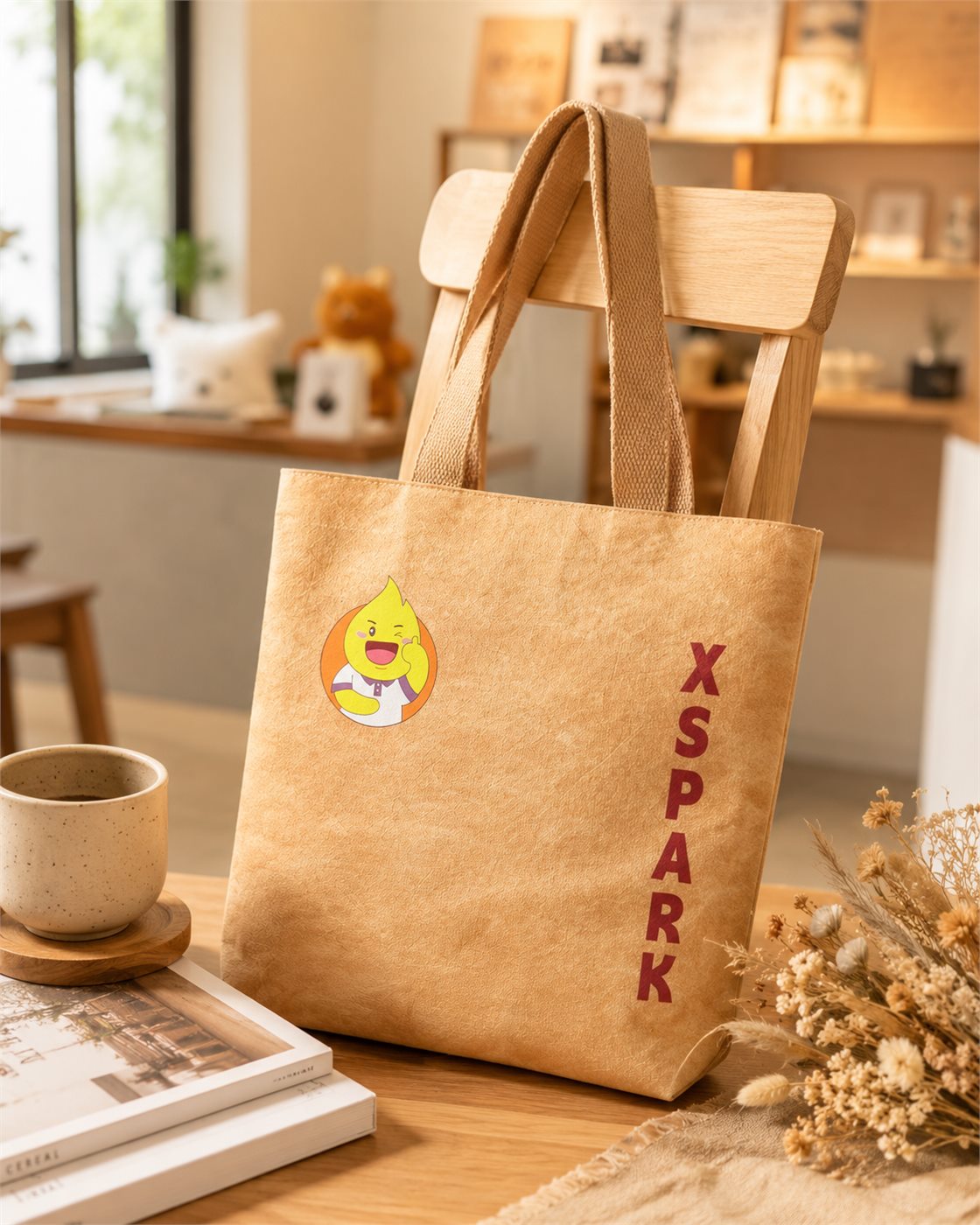 Natural-color Tyvek paper-style tote with printed artwork