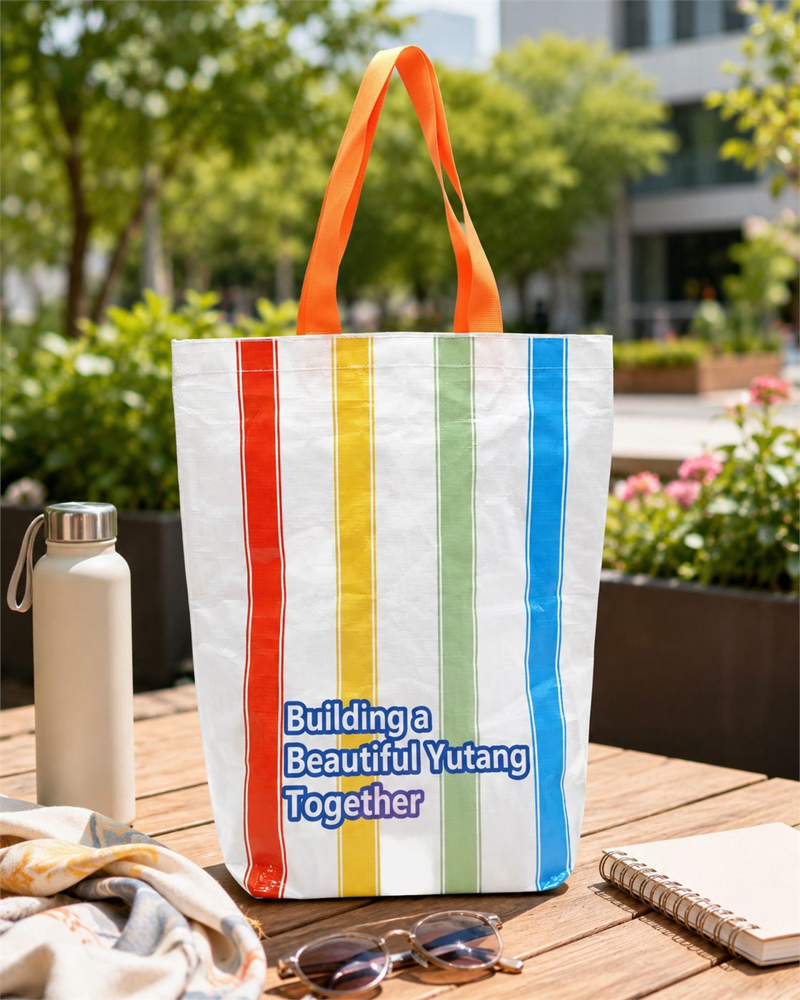 Laminated PP woven shopping bag with full-color vertical stripes