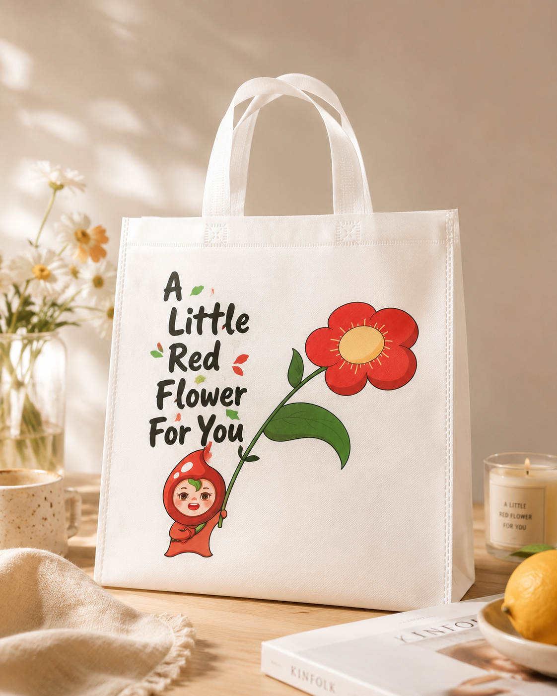 Custom canvas flower tote lifestyle reference