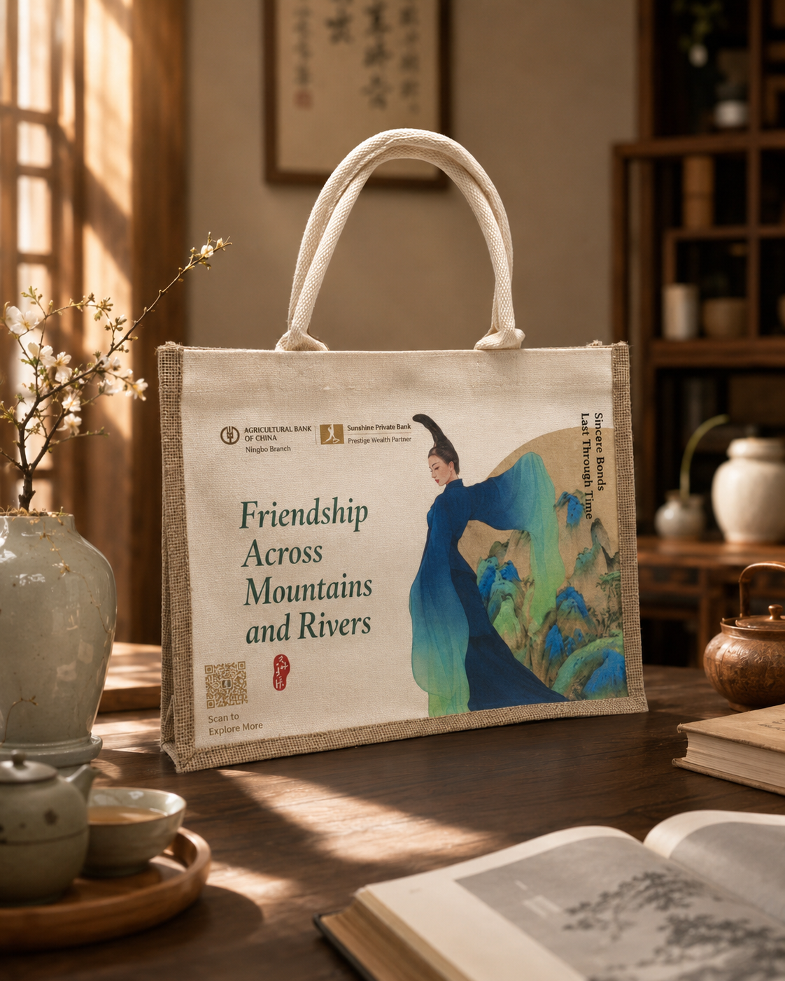 Custom canvas mountain artwork tote reference